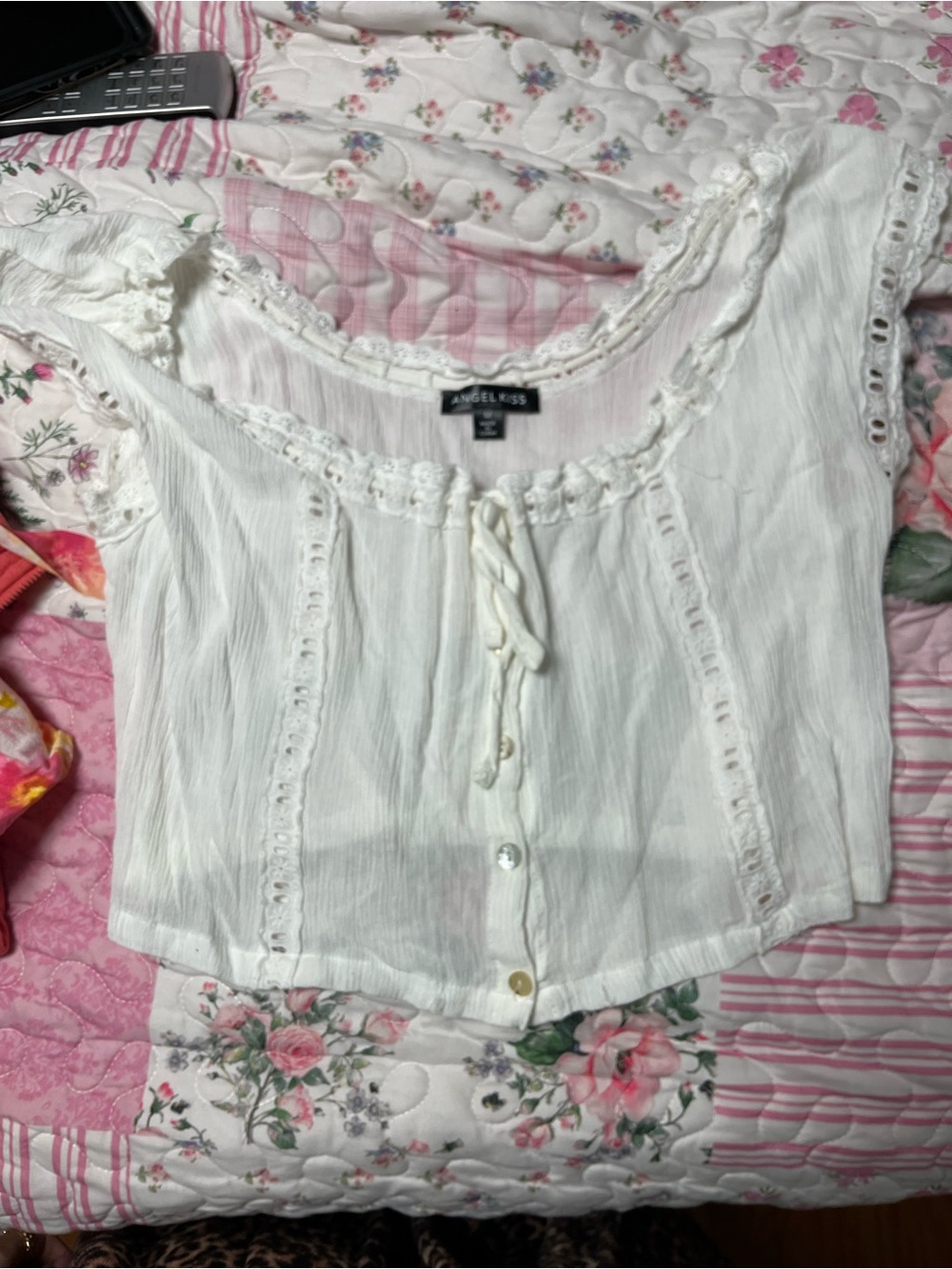 Angel Kiss Cream Lace-Trim Button Front Crop Top